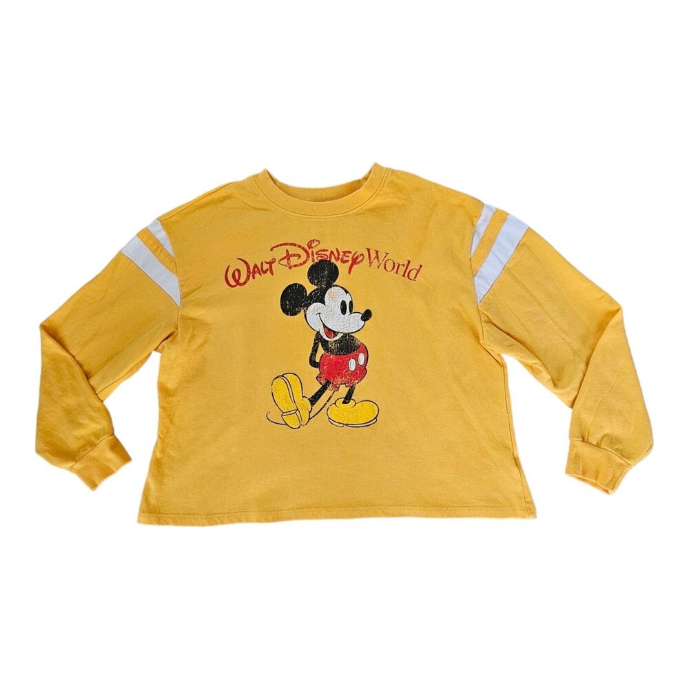 Walt Disney World Distressed Mickey Mouse Women's XL Yellow Cropped Sweatshirt